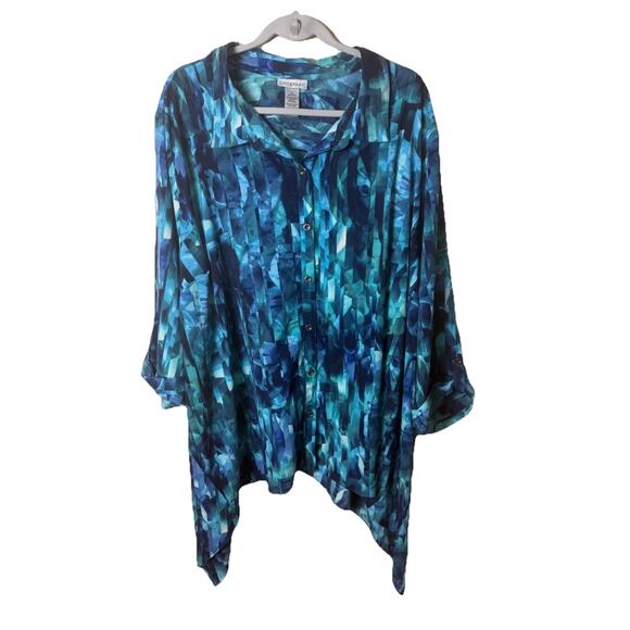 Catherines 4X 30W 32W Blue Print Striped Asymmetrical Hem Button Roll Tab Blouse - Picture 1 of 6